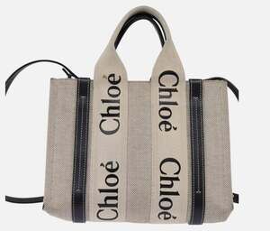 Chloé Woody Small Canvas Tote Bag Beige Black Logo Crossbody Luxury Designer Bag